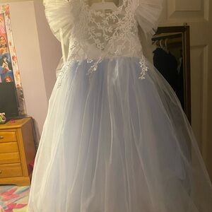 White and Blue Lace Tulle Dress